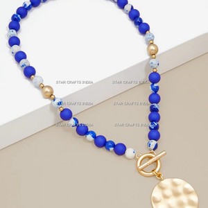 2024 nuevo vintage cielo azul resina cuentas de acero costura collar de cuentas collar de acero inoxidable moneda redonda colgante collar - Product Image 6