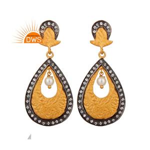 White Zircon and Pearl Gemstone Earrings Gold Plated Solid 925 Silver Designer Dangle Drop Earrings Jewelry Supplier - Product Image 4