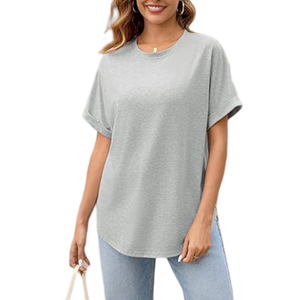 Camisetas de manga corta con cuello redondo de estilo informal de moda de verano holgada para mujer, decoración de logotipo de lona en blanco gris con estampado personalizado - Product Image 2