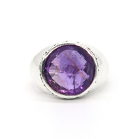 Neu eingetroffen: Echte 925er Sterlingsilber Damenringe mit Amethyst in Lünettenfassung, Vintage-Blumengravur, Hochglanzpoliert, für Partys