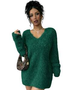 Robe pull en tricot moelleux vert émeraude personnalisée pour femmes, col en V, manches longues, douce, en peluche, chaude pour l'hiver, mode, OEM, vente en gros personnalisée - Product Image 1