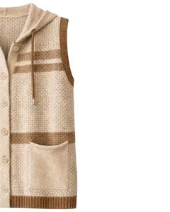 Gilet en tricot à capuche beige personnalisé, en laine acrylique, boutonné devant, sans manches, cardigan d'hiver avec poches, OEM - Product Image 4
