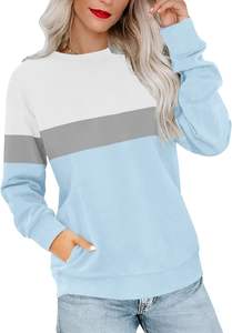 Sweatshirts à col rond bleu clair pour femmes, tendance - Hauts à manches longues unis pour femmes avec poches, mode - Product Image 5