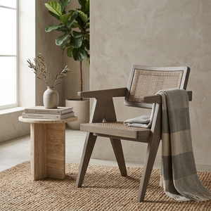 Grey Solid Wood Woven Rattan <b>Armchair</b> V Leg Chandigarh Style Accent <b>Dining</b> Chair Outdoor Patio Setup Art Design Decor - Product Image 4