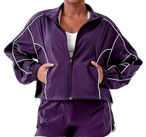 Ensemble de survêtement sport surdimensionné en coton 100% respirant et léger pour l'automne, avec logo personnalisé, boutons solides, veste coupe-vent - Product Image 5