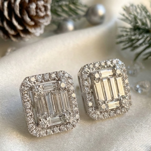 Boucles d'oreilles clous halo en diamants naturels taille baguette, or blanc massif 18 carats, cadeau de mariage pour femme - Product Image 1