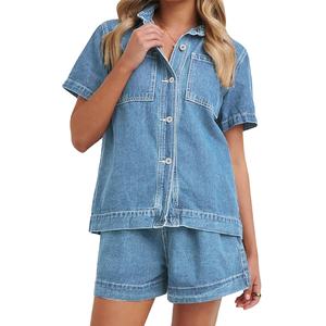ชุด2ชิ้นผ้ายีนส์ลำลองสำหรับผู้หญิงเสื้อเชิ้ตแขนสั้นทรงหลวมมีกระเป๋าและกางเกงขาสั้น2026 - Product Image 1