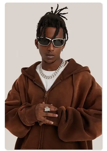 Sweat-shirt épais pour hommes en coton surdimensionné avec logo personnalisé et broderie sur les épaules sweats à capuche zippés vintage délavés à l'acide - Product Image 6