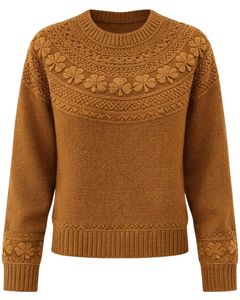 Customized Camel Brown Jacquard Knit Sweater Floral Textured Crew Neck <b>Long</b> Sleeve Winter Pullover <b>For</b> <b>Women</b> Custom Wholesale - Product Image 1