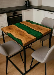 Plateau de table carré de luxe moderne en résine verte avec dessus en bois d'acacia massif, design rivière élégant, boîte de rangement polyvalente pour vaisselle - Product Image 3