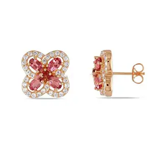 印度最新品质玫瑰金天然钻石粉色电气石宝石耳钉