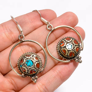 Natural Turquoise Coral Gemstone <b>Earrings</b>, Tibetan Silver Nepali <b>Handmade</b> <b>Earrings</b>, Valentine Jewelry - Product Image 2