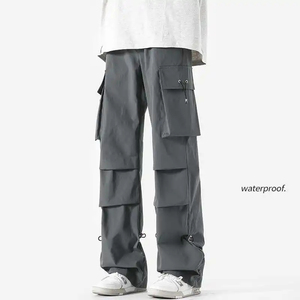 100% Polyester Oversized Fit Canvas Cargo Pants <b>Men</b> 6 Pocket Wide Leg <b>Elastic</b> Waist Eco-Friendly Streetwear Casual <b>Trousers</b> - Product Image 4