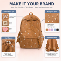 Sac à dos scolaire pour femme, style preppy, en nylon, avec fermeture éclair, nœud papillon brodé, design mignon et kawaii, pour jeunes, 20-36L, bandoulière incurvée