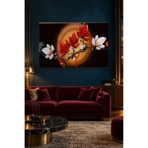 Impression sur toile de magnolias rouges et blancs de Fida devant une lune orange - Product Image 4