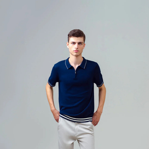 T-shirt décontracté pour homme à col zippé imprimé, manches courtes, collection été, 100% coton, motif uni - Product Image 1