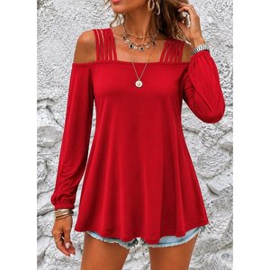 Women'<b>s</b> Long-Sleeved Viscose <b>Blouse</b> with Off-Shoulder Stripe Detail, 38163 - Red - Product Image 2