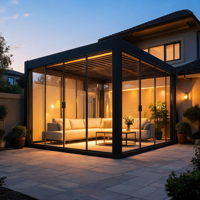 Pergola motorisée à lames orientables en aluminium, moderne, étanche, bioclimatique, avec portes coulissantes en verre pour patio et jardin