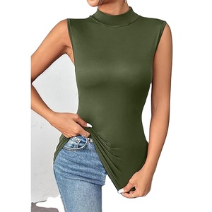 Body blanc sans manches à col roulé pour femme, coupe ajustée, extensible, élégant, en Spandex/Polyester, brodé, débardeur décontracté basique d'été - Product Image 1