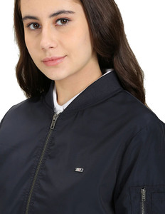 Nouvelle veste bomber bleu marine pour femme, manches longues, fermeture éclair, col montant, couleur unie, polyester tissé, vêtement d'automne - Product Image 5