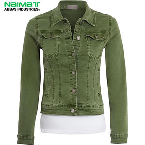 Veste en jean verte avec boutons sur le devant, poches poitrine, détails de couture, manches longues et col chemise pour un style décontracté. - Product Image 1