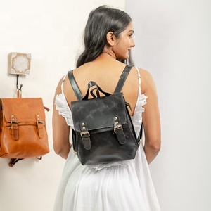 Handcrafted <b>Small</b> Leather <b>Backpack</b> with Two Front Pockets Full Leather Dress and Rock Style Portable PVC Lining - Product Image 2