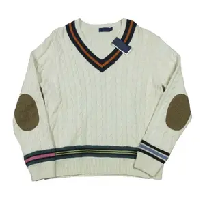 2023 дизайн на заказ полосатый V-образный вырез крикет с вышивкой патч пуловер свитер кардиган трикотажные дышащие шерстяные мужские свитера