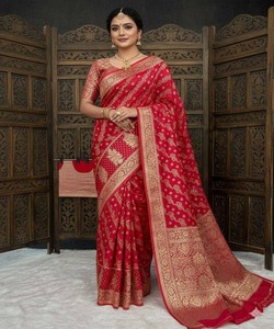 Sari en soie FANCY DOLA avec travail Zari Meenakari, blouse non cousue, multicolore, pour fêtes et occasions spéciales, prix de gros, design moderne, ethnique - Product Image 1