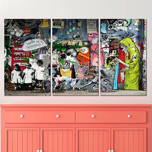 Elegante impresión de graffiti abstracto estilo Banksy sobre lienzo, JUEGO DE 3 LIEÑOS - Product Image 1