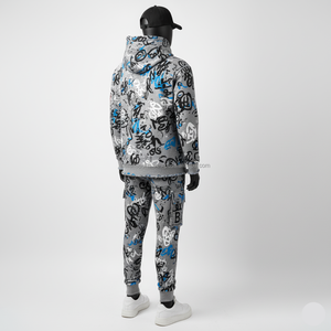 Chándal de poliéster y algodón pesado para hombre, Conjunto de sudadera con capucha y Jogger con estampado de grafiti gris, diseño bordado de logotipo personalizado, chándal para hombre - Product Image 4