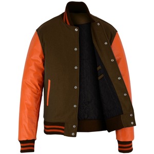 2026 OEM Stylish <b>Brown</b> <b>Wool</b> Orange Leather Sleeves Varsity Jacket For Men's High Quality Low MOQ Heated Winter Fashion Jackets - Product Image 3