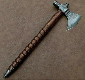 Steel Craft International Handmade Damascus Steel Tomahawk Industrial Grade Viking <b>Axe</b> with Rose <b>Wood</b> Handle and Leather Sheath - Product Image 3