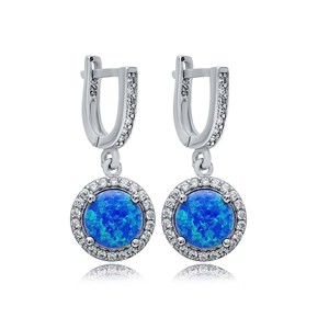 Boucles d'oreilles pendantes en opale bleue taillée rondement, avec design en CZ, vente en gros, bijoux turcs faits à la main en argent sterling 925 - Product Image 1