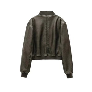 Blouson bombardier en faux cuir pour femme à la mode col montant noir veste courte en cuir - Product Image 5