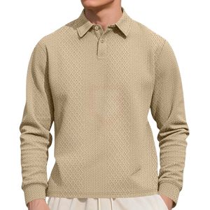 Suéter Polo Beige de Manga Larga para Hombre, Estilo Vintage, Textura Tejida, Color Caqui, Corte Ajustado Informal, Abrigado para Invierno, Prendas de Moda de Lujo - Product Image 1