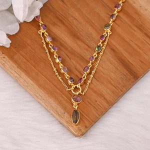 Collier pendentif multi-tourmalines en argent 925 plaqué or fin, collier bohème de luxe pour femme, cadeau d'anniversaire - Product Image 4
