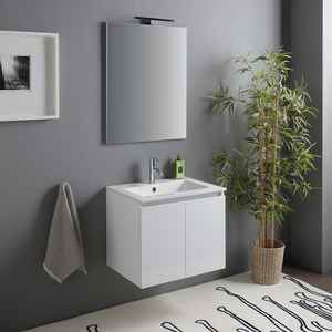 Meuble de salle de bain mural en céramique blanche brillante de 60 cm, deux pièces, avec lavabo, miroir et ensemble de lampes Baltimora - Product Image 1