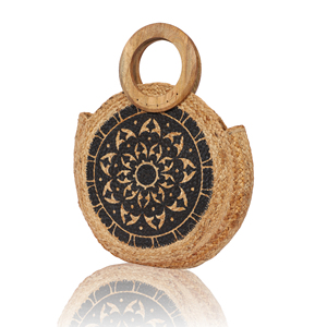 Sac fourre-tout bohème en jute pour femme avec poignée en bois, motif uni, pour usage quotidien, plage d'été, écologique, fermeture ouverte - Product Image 2