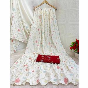 Sari de Seda Georgette Premium, Largo hasta el Suelo, con Bordado de Lentejuelas Multihilo, Borde Arcoíris Dorado, Elegancia Bollywood - Product Image 5