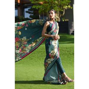 Deep Teal Digital Print Silk Reversible <b>Shawl</b> for Adult <b>Women</b> - Product Image 2