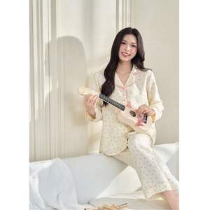 B2 <b>MUM</b> B878 Maternity Sleep Bottom Set Linen Spandex/Polyester Small Floral Print Collared Neckline Ruffled Details Hidden - Product Image 5