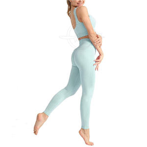 Femmes athlétique haute élastique Fitness porter respirant sans couture Yoga ensemble de gymnastique collants ajustés motif solide deux pièces Yoga ensembles - Product Image 2