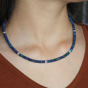 Natural Black Opal Beaded <b>Necklace</b> for Women in 925 Sterling <b>Silver</b> <b>Handmade</b> Jewelry Size 14 IN - Product Image 1
