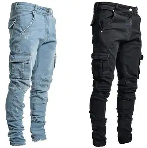 ג'ינס גברים מכנסיים לשטוף צבע אחיד רב כיסים ג'ינס אמצע מותן מטען ג'ינס ג'ינס בתוספת מידות מכנסיים מזדמנים לגבר לבישה יומיומית