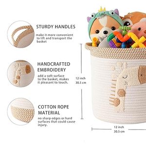 Cestas de almacenamiento de armario portátil con decoración de bordado de jirafa para niños, cesta de cuerda de algodón tejida para guardería con asas - Product Image 4