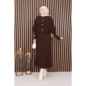 Ensemble décontracté deux pièces automne : Cape boutonnée et robe en maille imprimée avec hijab couleur café – Respirant et confortable - Product Image 4
