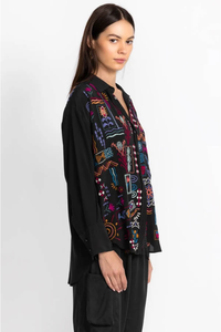 Boho Embroidered <b>Patchwork</b> Shirt Women's Loose Fit Three Quarter Sleeve Casual <b>Top</b> All Seasons Black Polyester Blouse - Product Image 2