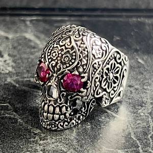 Handmade Mexican Gothic Style <b>Silver</b> Flower Roses Skull Jewelry Biker Engraved <b>Ring</b> Floral Gothic <b>Set</b> Gift for Bikers - Product Image 3