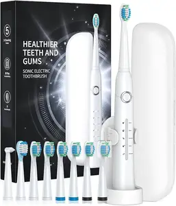 成人声波电动牙刷，8刷头电动牙刷，带40000 VPM深度清洁5种模式，带旅行箱
