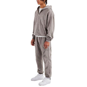 High Quality Winter Woven <b>Oversized</b> Boxy Pocket Washed Hooded Elastic Hem Zip up Rhinestone Cross <b>Jogger</b> Man Tracksuit Set - Product Image 1